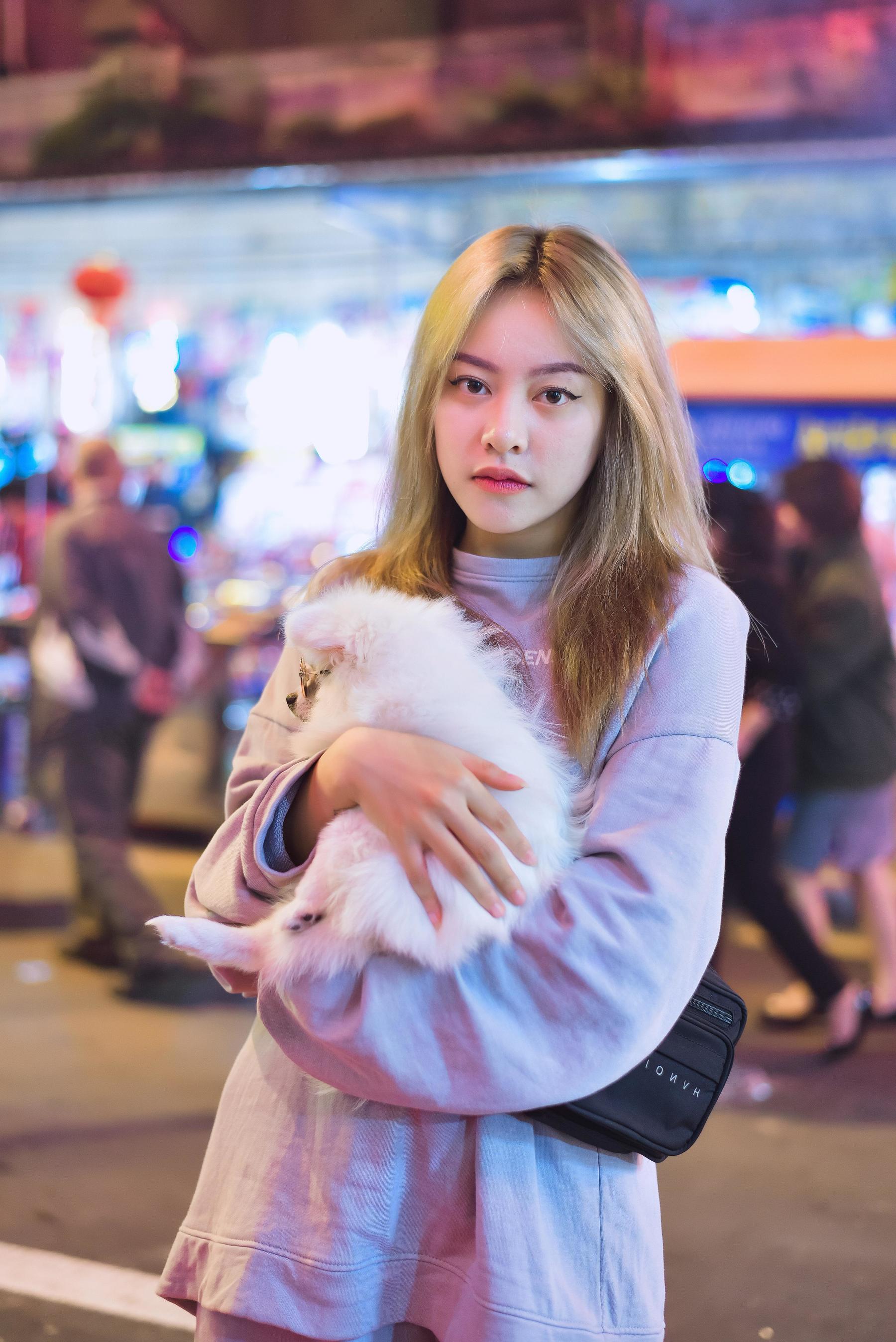 夜晚,抱着狗狗,漫步在繁华的街道 相关图册