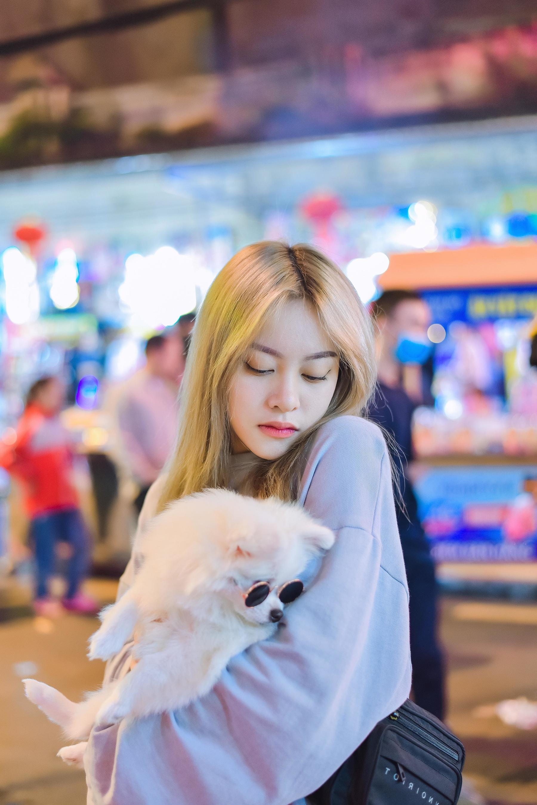 夜晚,抱着狗狗,漫步在繁华的街道 相关图册